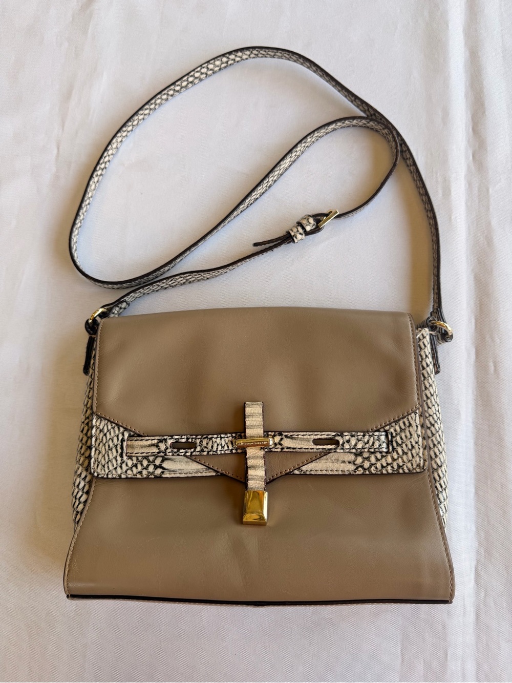 ANTONIO MELANI Taupe and Snake-Print Crossbody with Gold Hardware